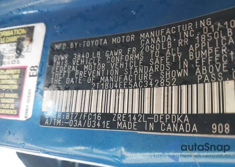 2010 Toyota Corolla Le z USA, uszkodzony, nr VIN 2T1BU4EE5AC342852